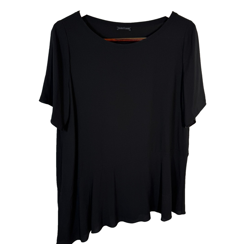 Eileen Fisher Black Silk Georgette Crepe Asymmetric Top One Size S/M/L